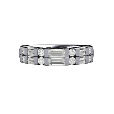 A natural diamond baguette wedding ring in gold or platinum.  This natural diamond band has two rows of round and baguette diamonds from Rare Earth Jewelry.