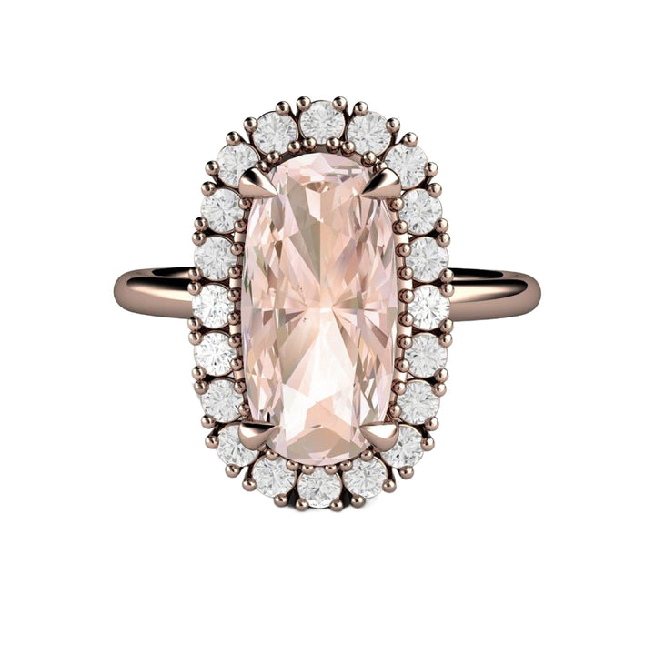 Elongated Cushion Cut Morganite Engagement Ring Diamond Halo and Claw Prongs