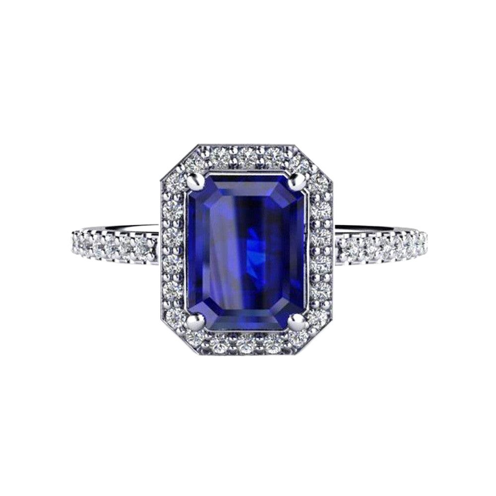 Emerald Cut Blue Sapphire Engagement Ring | Diamond Halo in Gold or Platinum, Rare Earth Jewelry