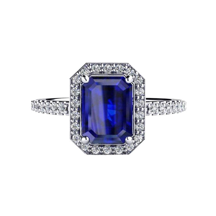 Emerald Cut Blue Sapphire Engagement Ring | Diamond Halo in Gold or Platinum, Rare Earth Jewelry