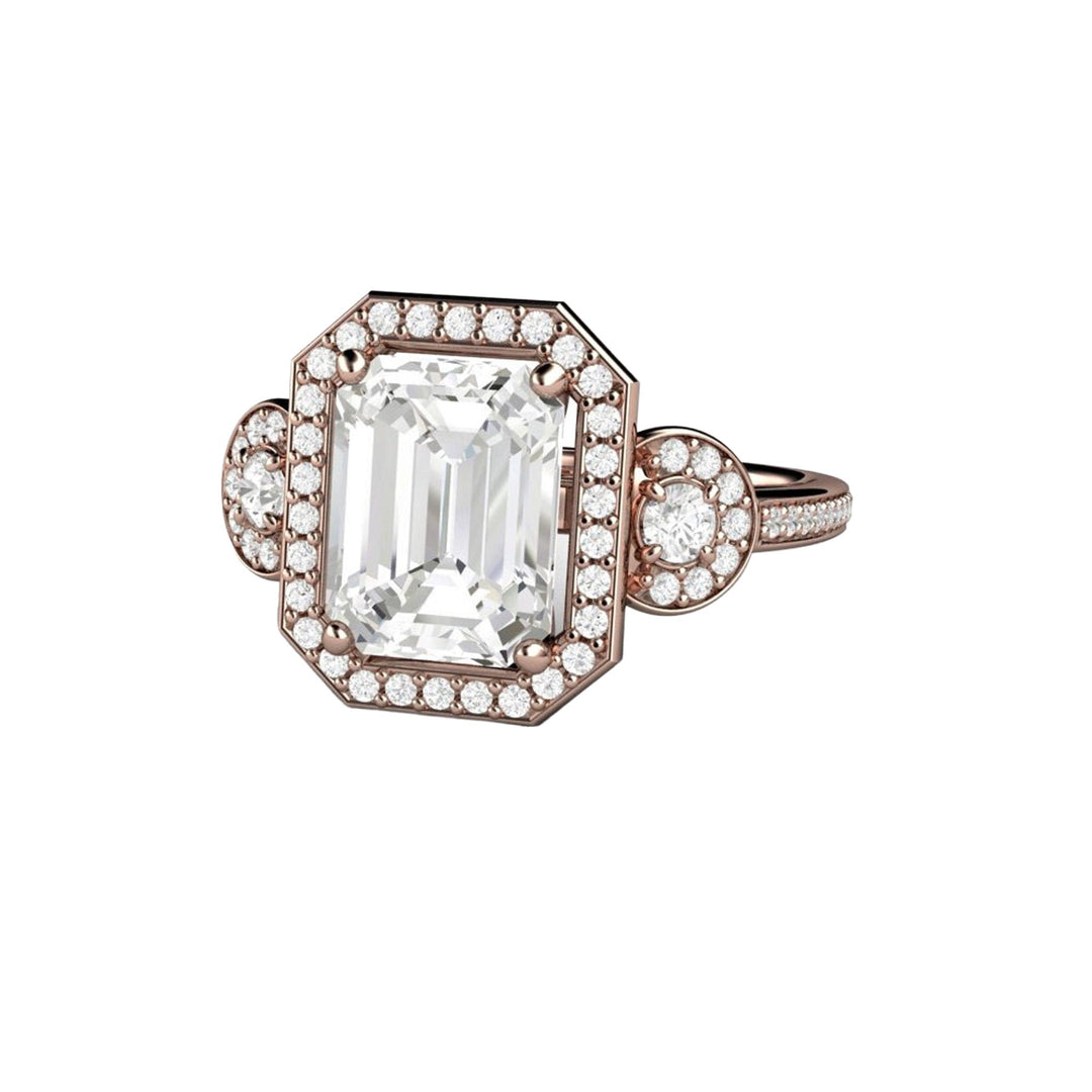 Emerald Cut Moissanite Engagement Ring | 3 Stone Diamond Halo, Rare Earth Jewelry