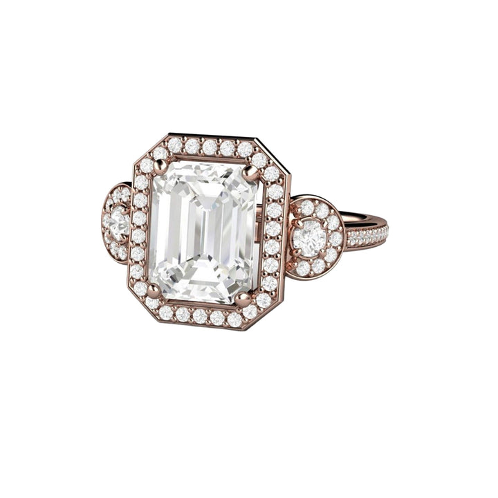 Emerald Cut Moissanite Engagement Ring | 3 Stone Diamond Halo, Rare Earth Jewelry