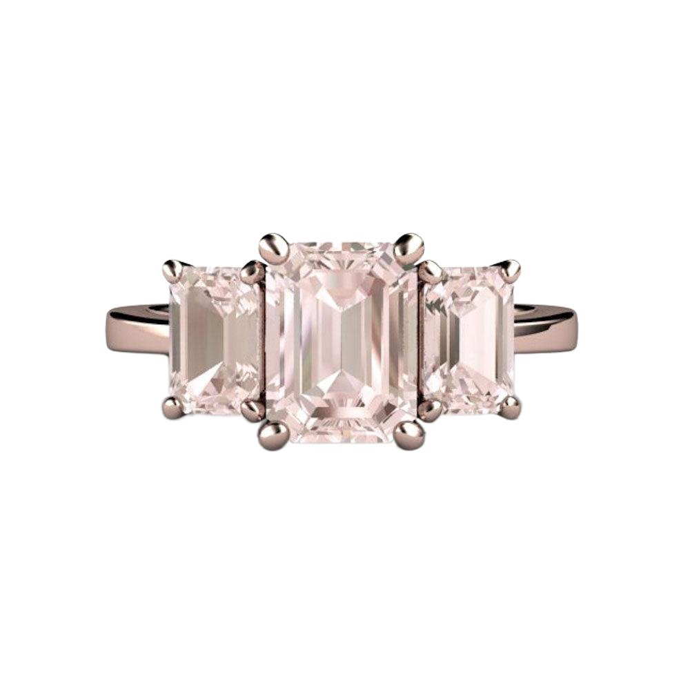 Emerald Cut Morganite Engagement Ring | Three Stone Morganite Ring, Rare Earth Jewelry