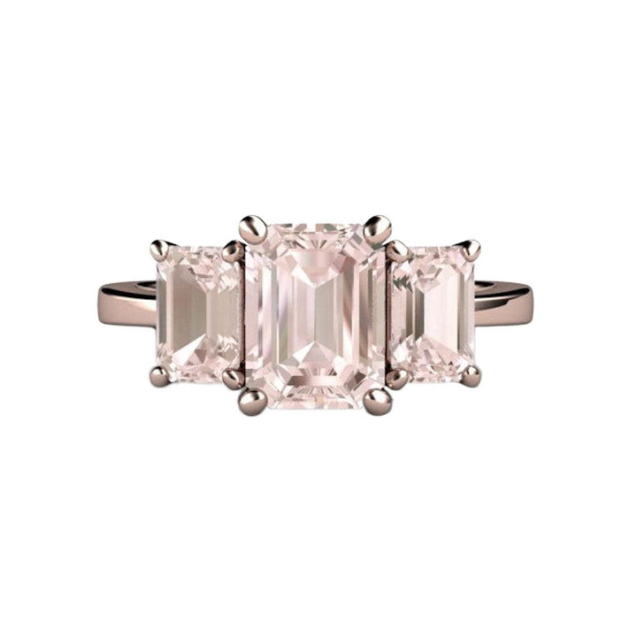 Emerald Cut Morganite Engagement Ring | Three Stone Morganite Ring, Rare Earth Jewelry