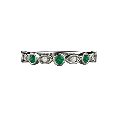 Emerald and diamond ring in gold or platinum, emerald wedding ring, anniversary band, or stacking ring with diamonds bezel-set in a scalloped setting. May birthstone jewelry from Rare Earth Jewelry