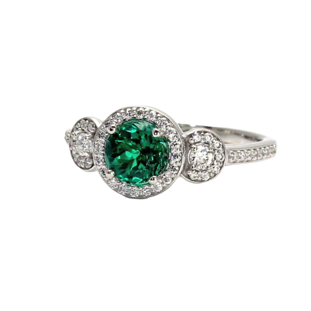 Emerald Engagement Ring | 3 Stone Diamond Halo in Gold or Platinum, May Birthstone Ring