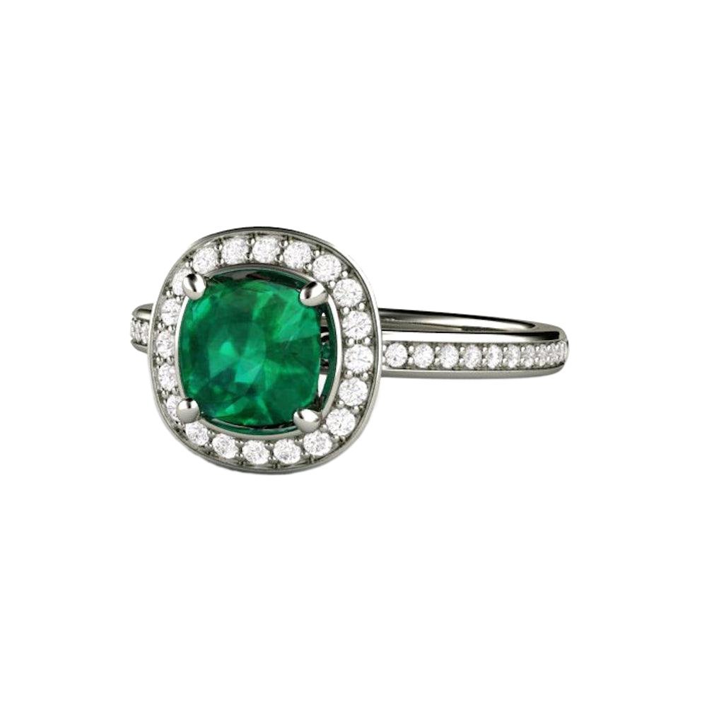 Cushion Cut Emerald Engagement Ring | Diamond Halo May Birthstone, Rare Earth Jewelry