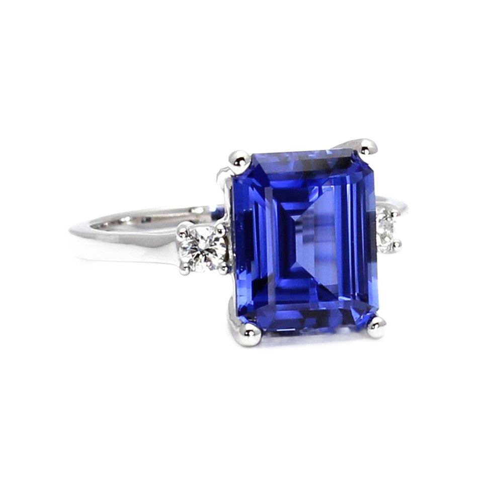 Blue Sapphire Ring 3 Stone Emerald Cut Engagement Ring with Diamonds, Rare Earth Jewelry