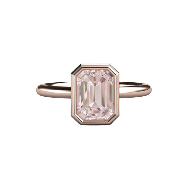 Bezel Set Morganite Ring Emerald Cut Solitaire Engagement Ring, Rare Earth Jewelry