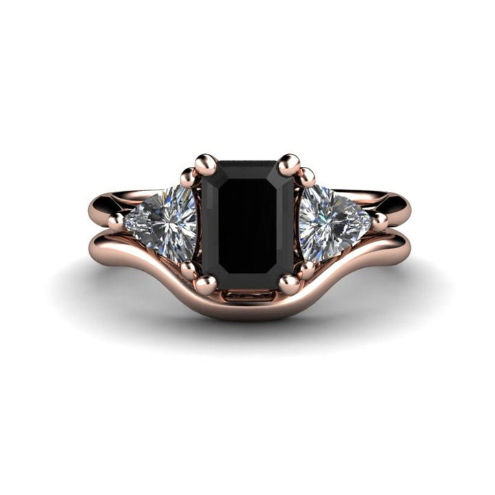 Black Diamond Engagement Ring 3 Stone with Diamond Trillions, Rare Earth Jewelry