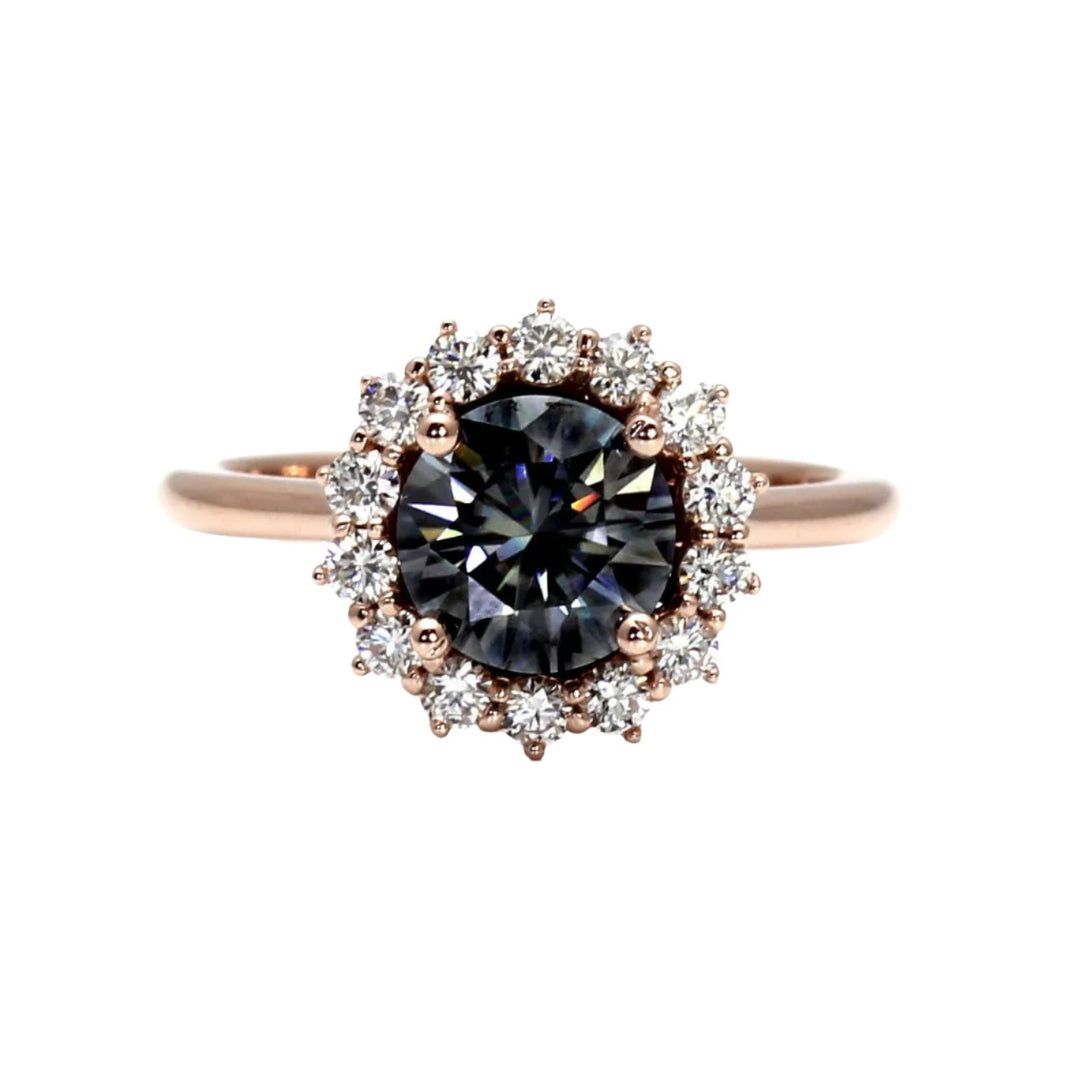 Gray Moissanite Engagement Ring | Vintage Style Diamond Halo, Rare Earth Jewelry