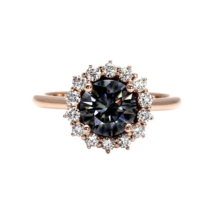 Gray Moissanite Engagement Ring | Vintage Style Diamond Halo, Rare Earth Jewelry