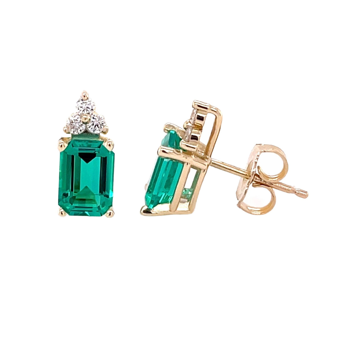 14K Gold Emerald Earrings with Diamonds | Emerald Cut Studs May Birthstone, Rare Earth Jewelry