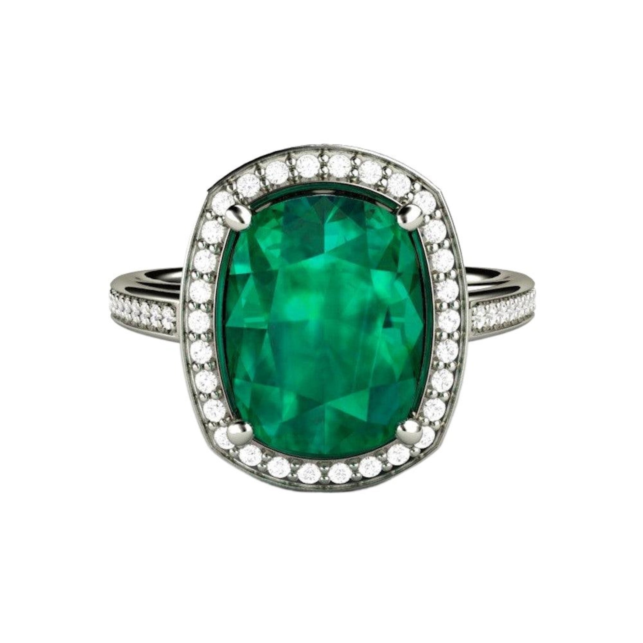 Large Cushion Cut Emerald Ring Diamond Halo Statement Ring in Gold o
