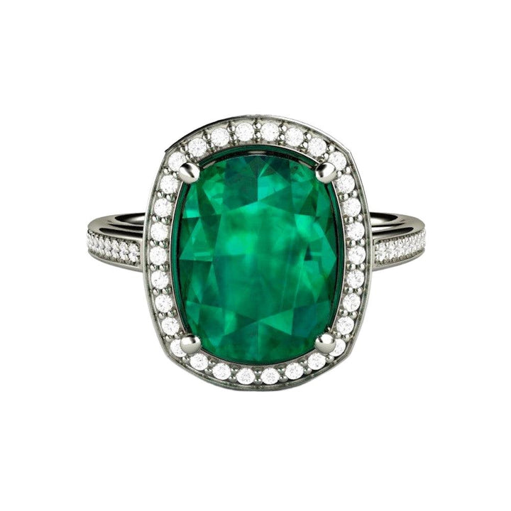 Large Cushion Cut Emerald Ring | Diamond Halo Statement Ring in Gold or Platinum, Rare Earth Jewelry