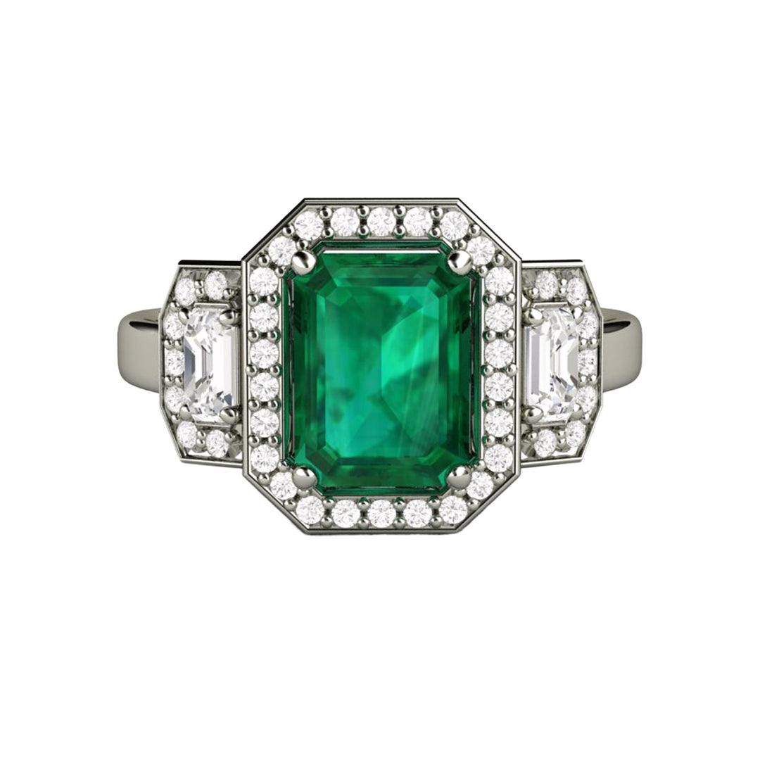 Large Emerald Engagement Ring 3 Stone with Lab Created Diamond Halo, Rare Earth Jewelry