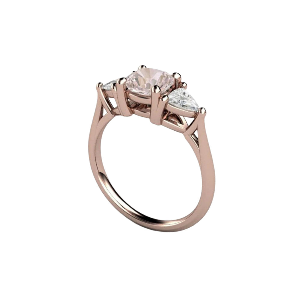 3 Stone Cushion Cut Light Pink Sapphire Ring with White Sapphire Trillions, Rose Gold