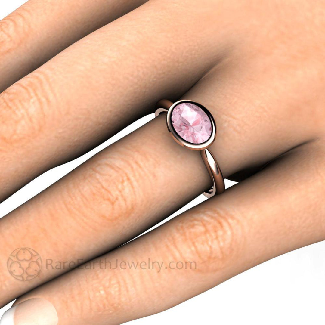 Light Pink Sapphire Engagement Ring, Oval Bezel Set Solitaire, East West Minimalist Design on the Finger | Rare Earth Jewelry