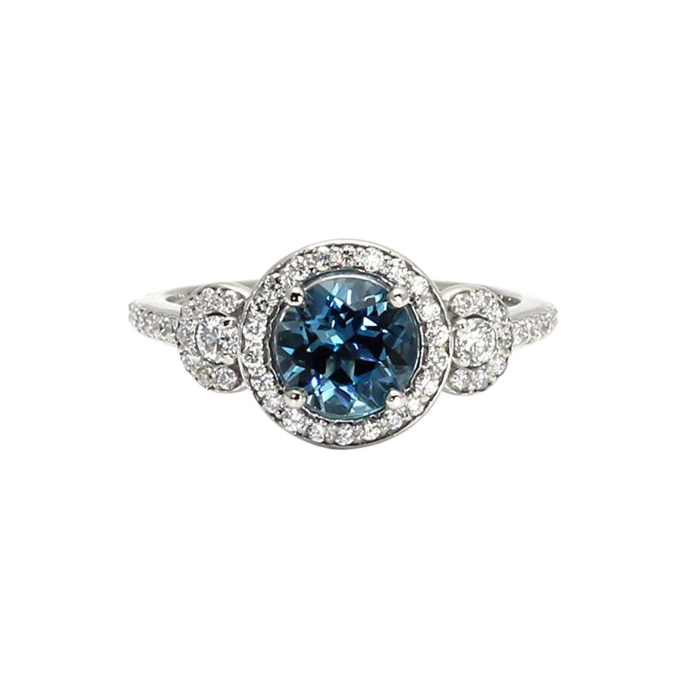 London Blue Topaz Engagement Ring | 3 Stone Halo with Diamonds | December Birthstone, Rare Earth Jewelry