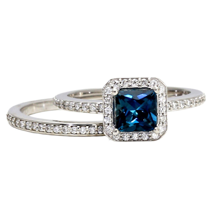 London Blue Topaz Princess Cut Engagement Ring | Square Halo with Diamond Wedding Band, Rare Earth Jewelry