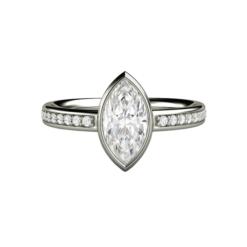 Marquise Moissanite Bezel Set Engagement Ring | Solitaire with Diamond Accents, Rare Earth Jewelry