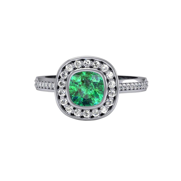 Bezel Set Emerald Engagement Ring | Cushion Cut with Diamond Halo, Rare Earth Jewelry
