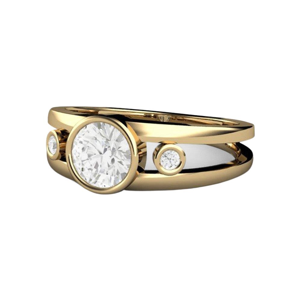 Bezel Set Moissanite Engagement Ring | Split Shank 3 Stone Modern Design, Rare Earth Jewelry