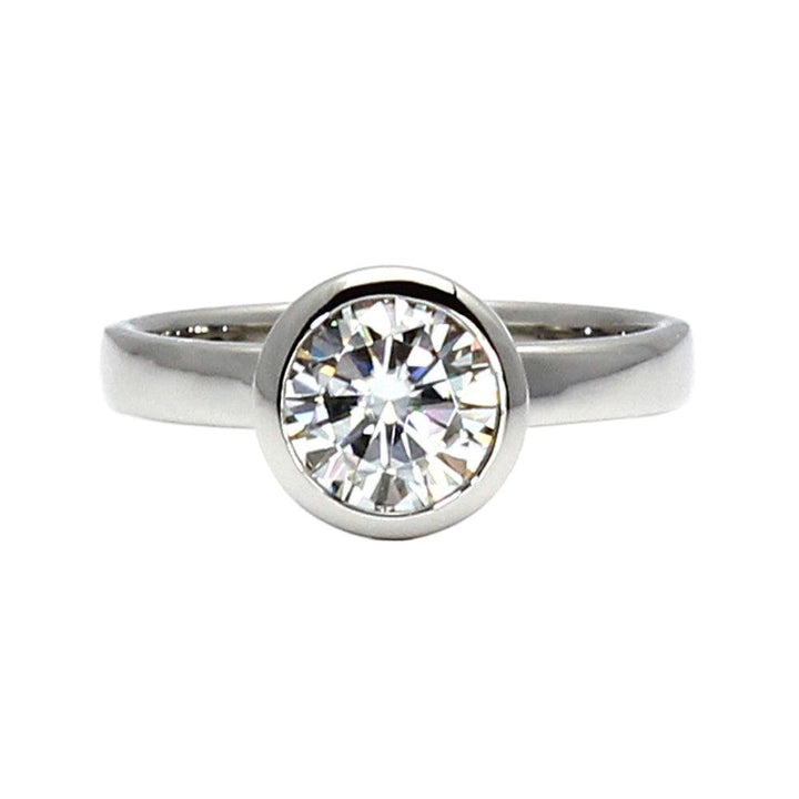 Bezel Set Moissanite Engagement Ring | 1ct Round Forever One Moissanite Solitaire, Rare Earth Jewelry