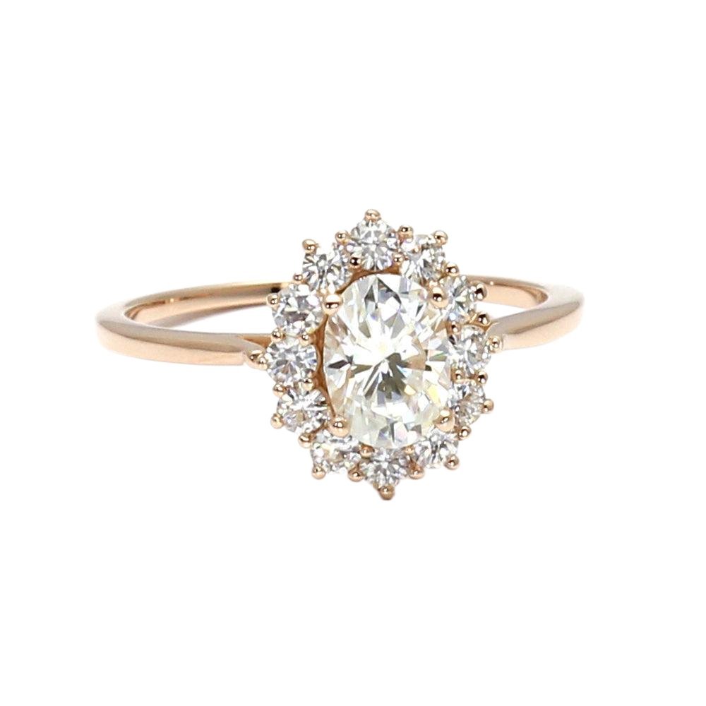 Oval Moissanite Engagement Ring | Vintage Halo Cluster Design, Rare Earth Jewelry