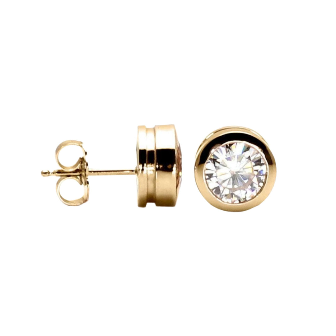 Round Moissanite Studs, Bezel Set Moissanite Stud Earrings, 14K Yellow Gold 1.5 Carat