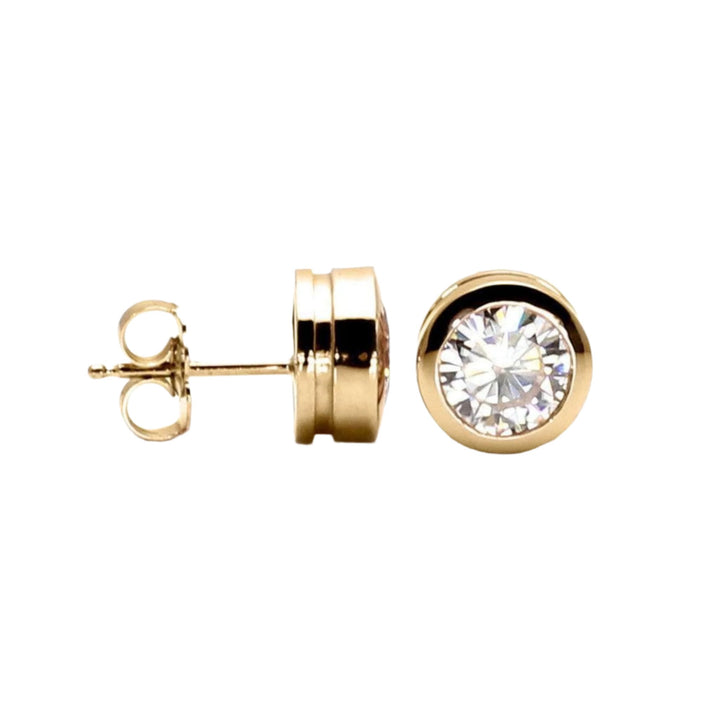 Round Moissanite Studs, Bezel Set Moissanite Stud Earrings, 14K Yellow Gold 1.5 Carat