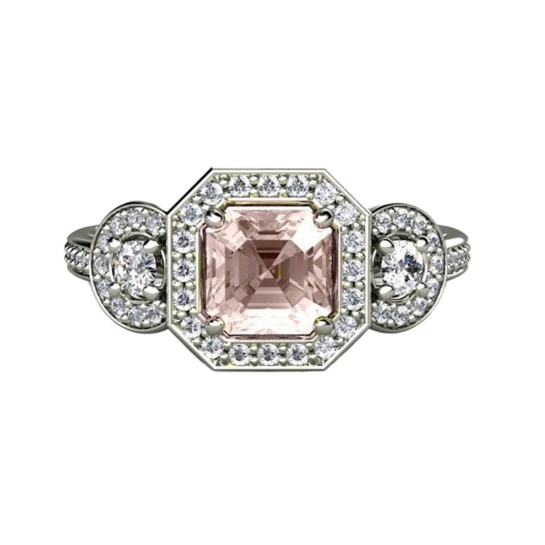 Asscher Morganite Engagement Ring Diamond Halo 3 Stone, Rare Earth Jewelry