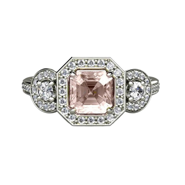 Asscher Morganite Engagement Ring Diamond Halo 3 Stone, Rare Earth Jewelry