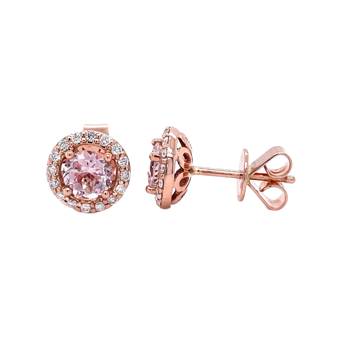 Morganite Diamond Halo Earrings 14K Rose Gold Round Morganite Studs, Rare Earth Jewelry