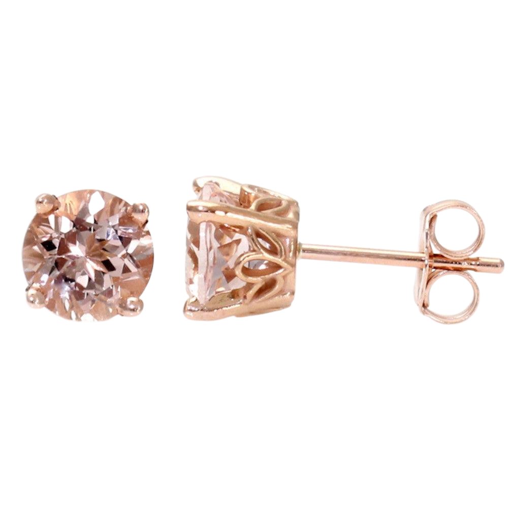 Morganite Earrings 14K Gold Round Peach Pink Gemstone Studs, Rare Earth Jewelry