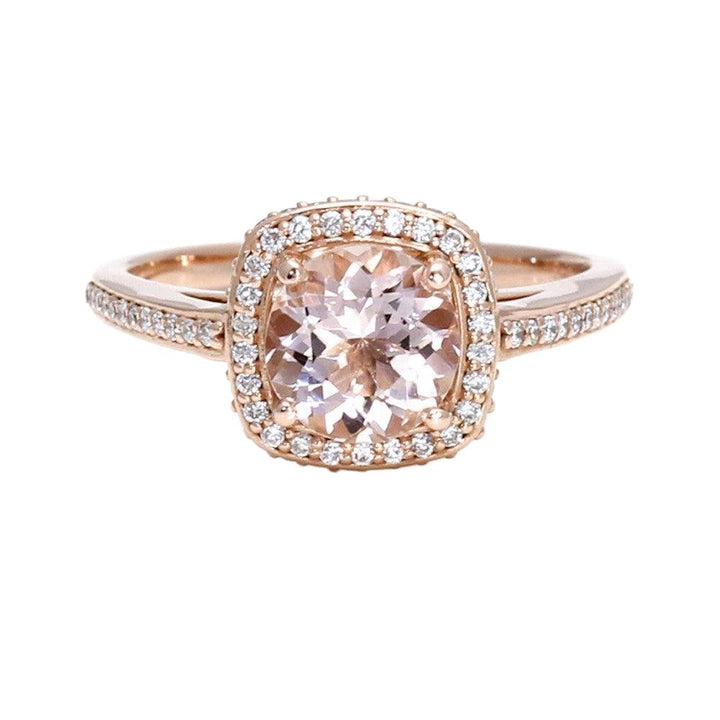 2ct Morganite Engagement Ring | Pavé Diamond Halo in Gold or Platinum, Rare Earth Jewelry