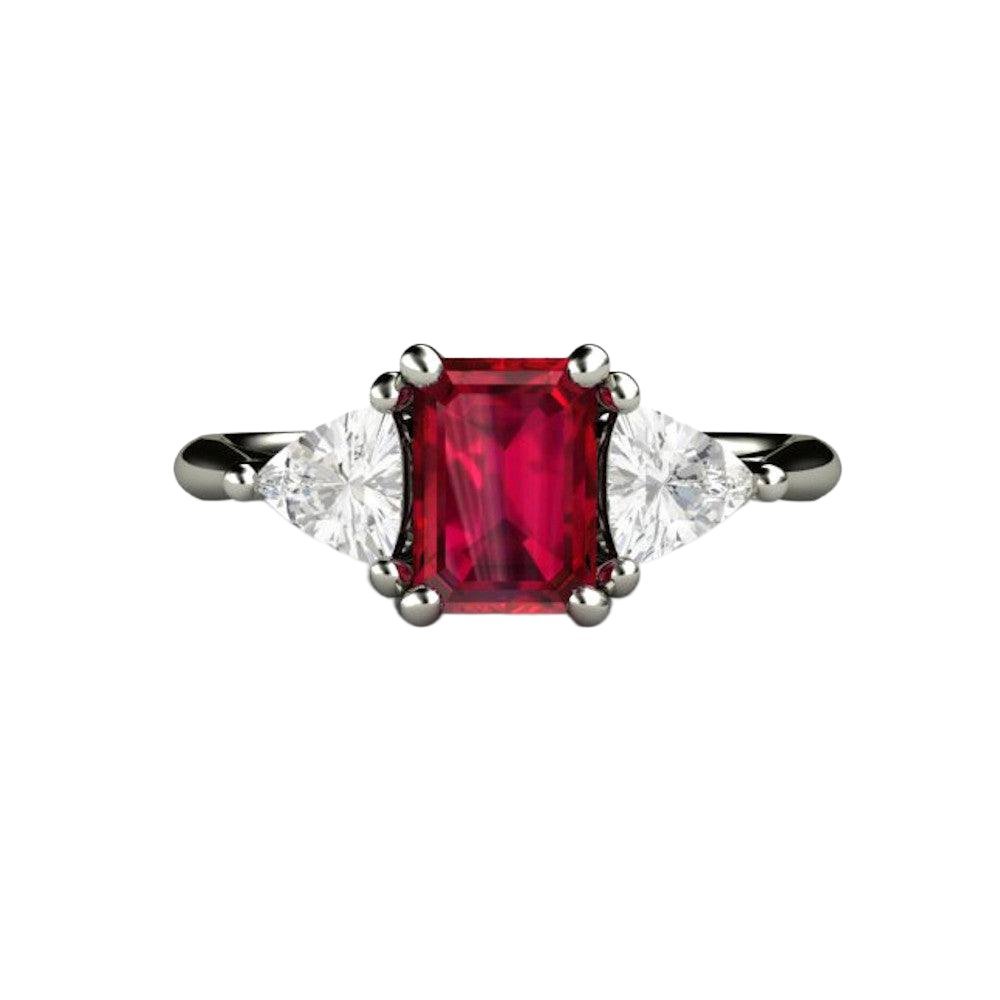 Natural Ruby Engagement Ring Emerald Cut 3 Stone with Diamond Trillions, Rare Earth Jewelry