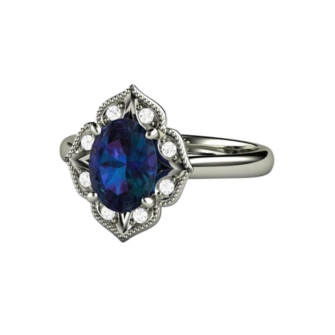 Oval Alexandrite Engagement Ring | Vintage Style Halo | Art Deco Design with Color Changing Gemstone