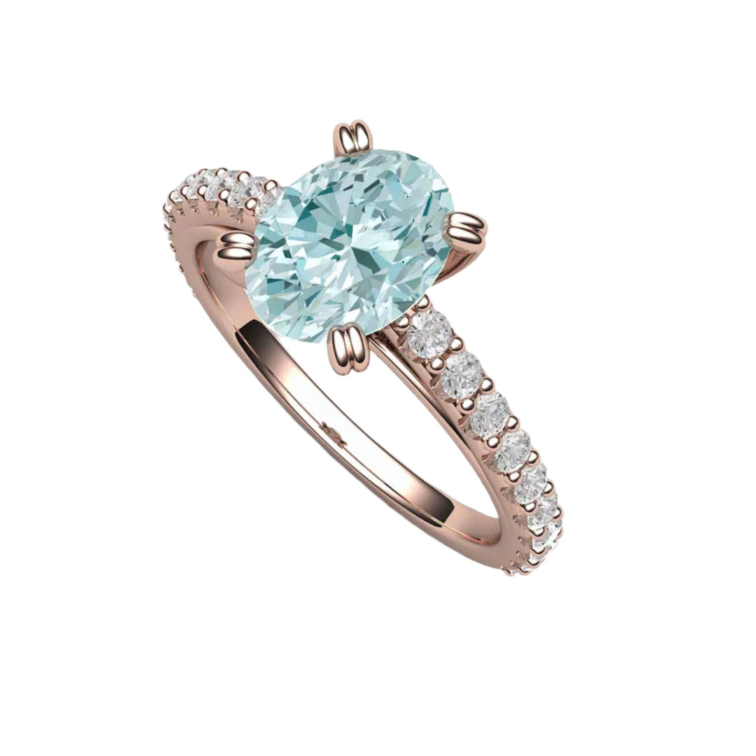 18K Rose Gold Oval Aquamarine Ring with Diamond Accents, Classic Pave Diamond Solitaire Setting, Engagement Ring with a March Birthstone