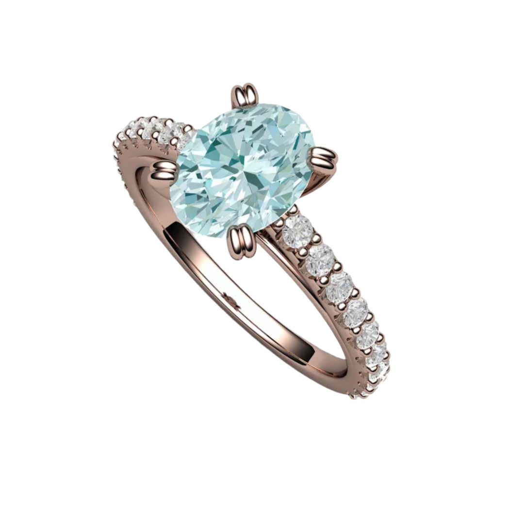 14K Rose Gold Aquamarine Ring.  Genuine Natural Aquamarine in an Oval Solitaire Setting with Pave Set Diamonds and Double Prongs