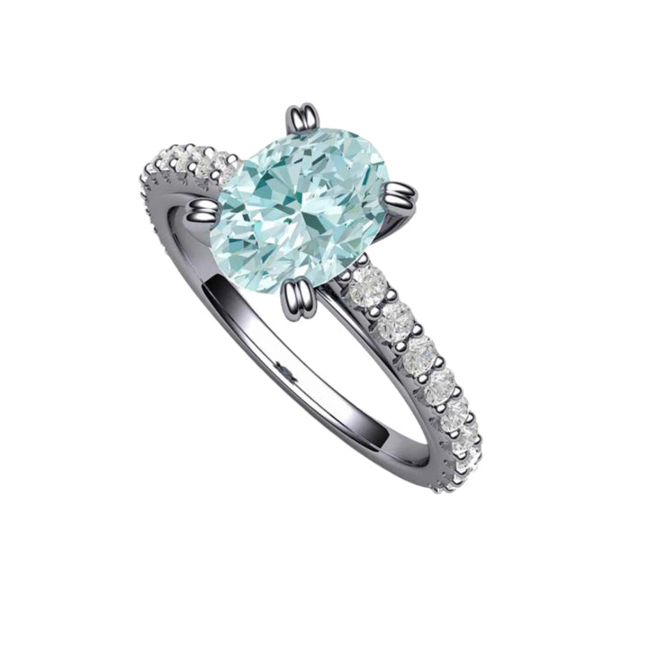 Oval Aquamarine Solitaire Engagement Ring with Pave Diamonds | Double Prong Set in Gold or Platinum, Rare Earth Jewelry