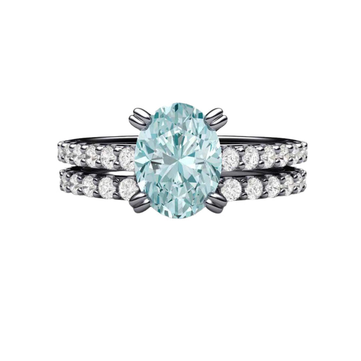 Natural Aquamarine Oval Engagement Ring and Matching Wedding Ring in Platinum, Diamond Accented Solitaire Design