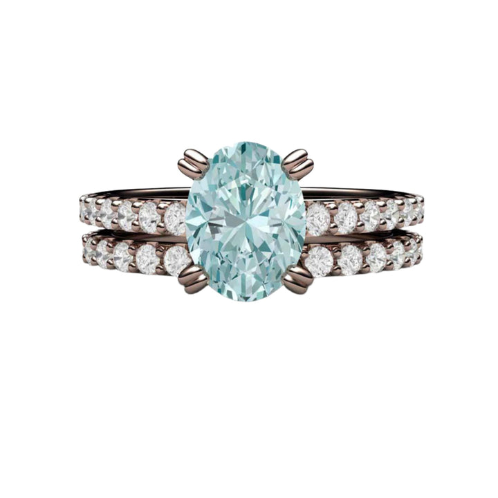 Aquamarine Oval Engagement Ring and Wedding Band in 14K Rose Gold Solitaire Setting with Diamond Accents