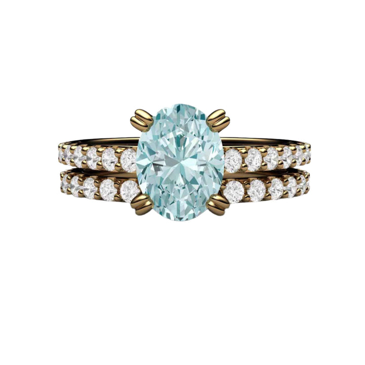 Oval Aquamarine Wedding Set.  Solitaire Engagement Ring with Pave Set  Diamonds and Double Prongs in 14K Yellow Gold