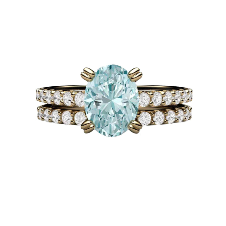 Oval Aquamarine Bridal Set Solitaire Engagement Ring with Diamond Accented Band