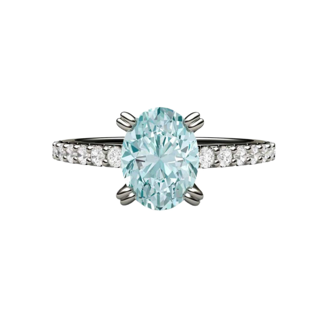 Oval Aquamarine Solitaire Engagement Ring with Pave Diamonds | Double Prong Set in Gold or Platinum, Rare Earth Jewelry