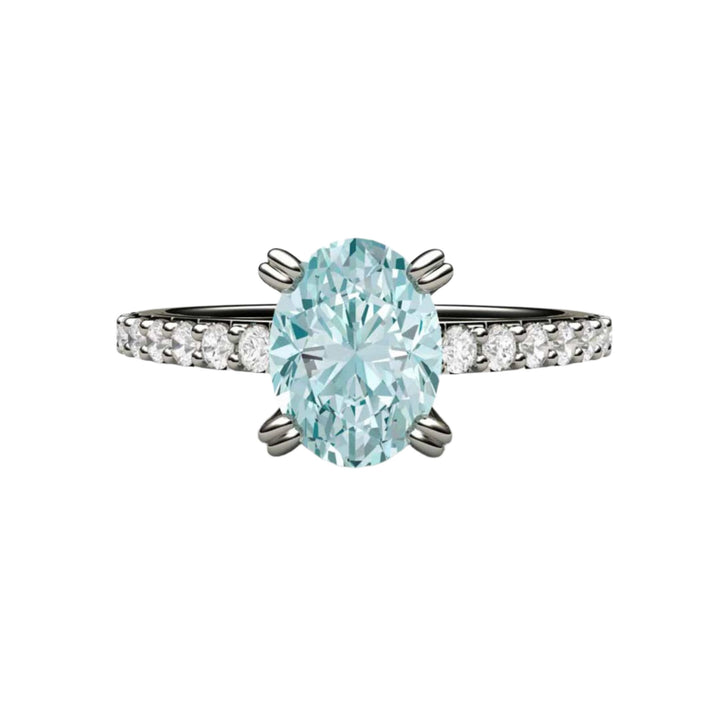 Oval Aquamarine Solitaire Engagement Ring with Pave Diamonds | Double Prong Set in Gold or Platinum, Rare Earth Jewelry