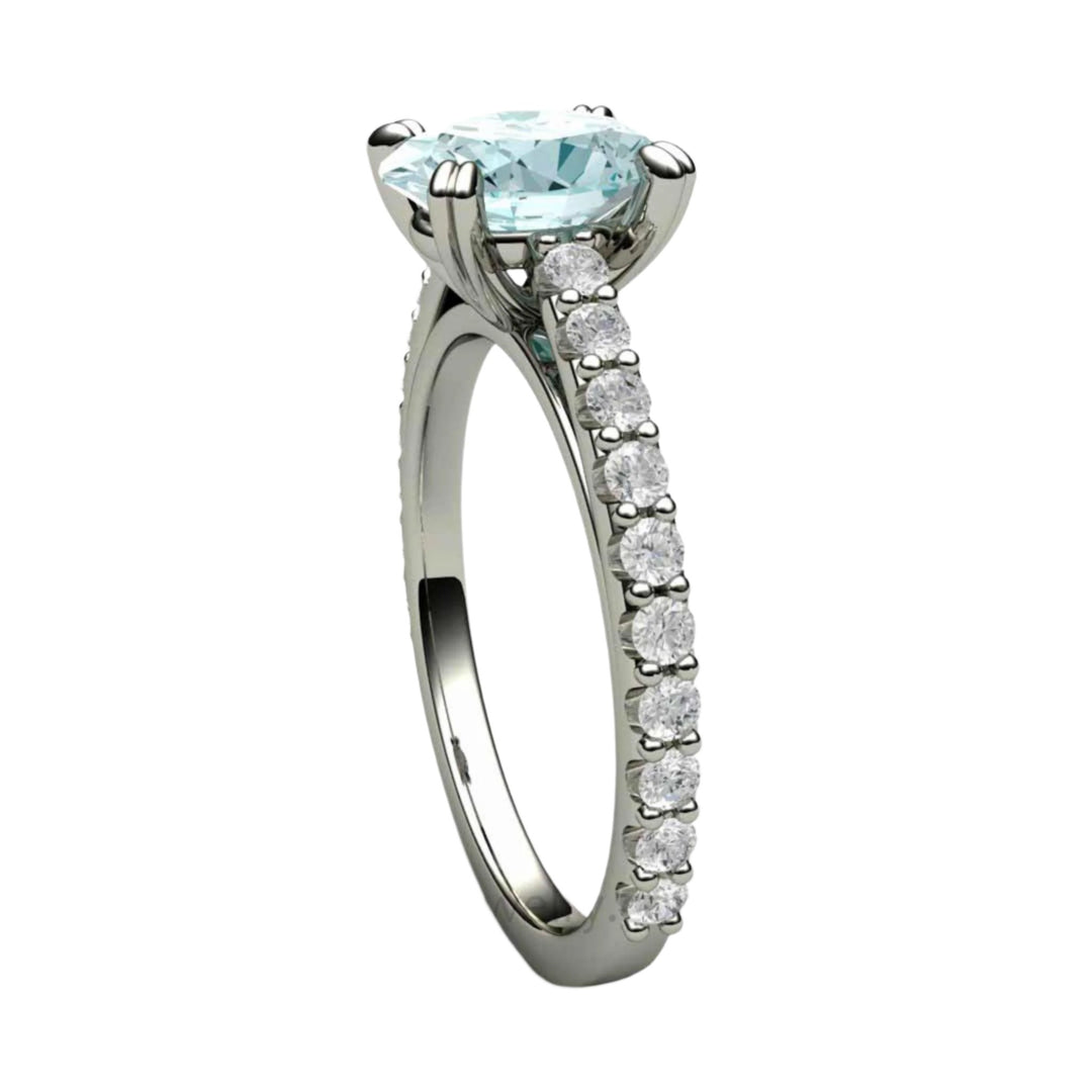 Oval Aquamarine Solitaire Engagement Ring with Pave Diamonds | Double Prong Set in Gold or Platinum, Rare Earth Jewelry