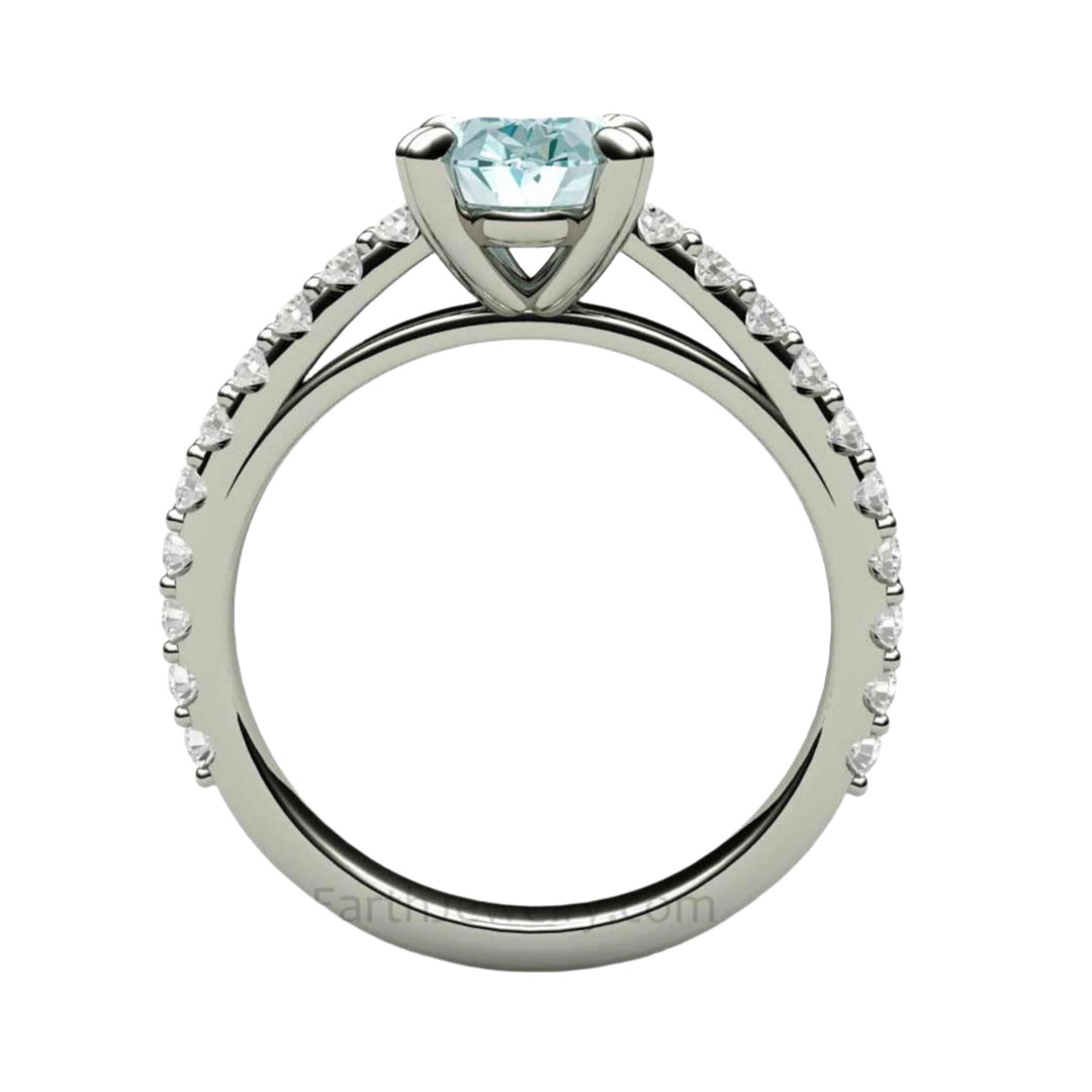 Oval Aquamarine Solitaire Engagement Ring with Pave Diamonds, Double Prong Set View Thru