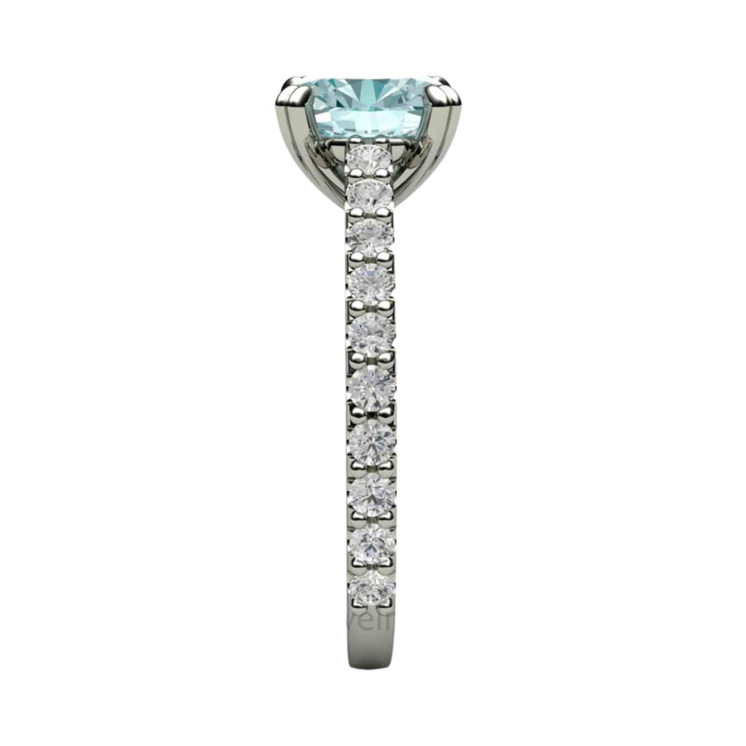Oval Aquamarine Solitaire Engagement Ring with Pave Diamonds, Double Prong Set Side View